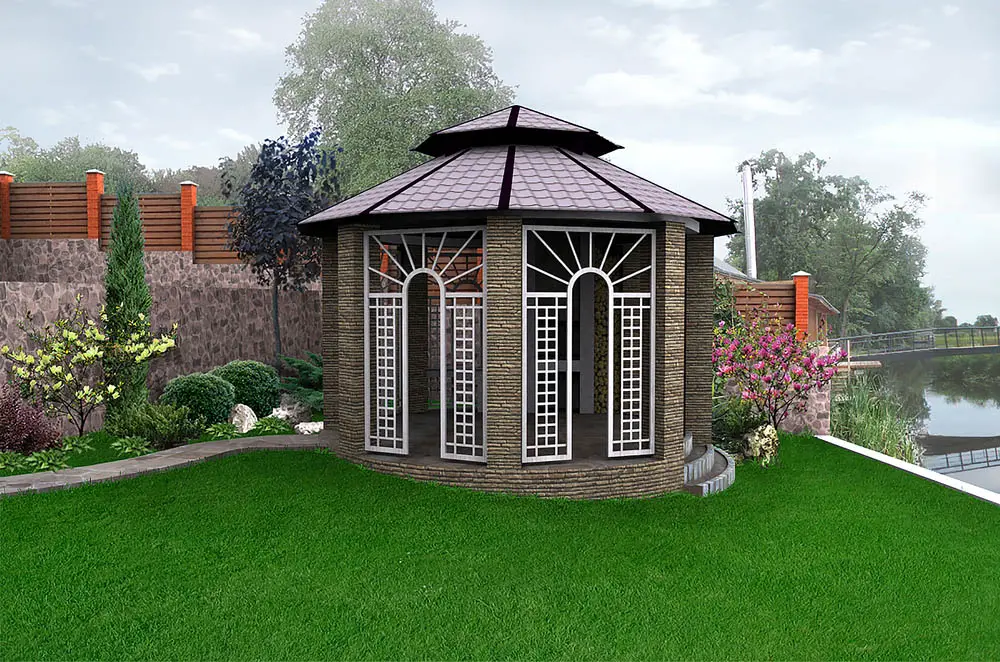 Some gazebos are more substantially built than others. As the story of the three little pigs taught us, brick is the strongest. This gazebo uses layered masonry throughout its structure to complete a very holistic, closed-in look with stairs on one end and a beautiful stone path on the other. The Spanish-style tile roof adds another layer of decadence.