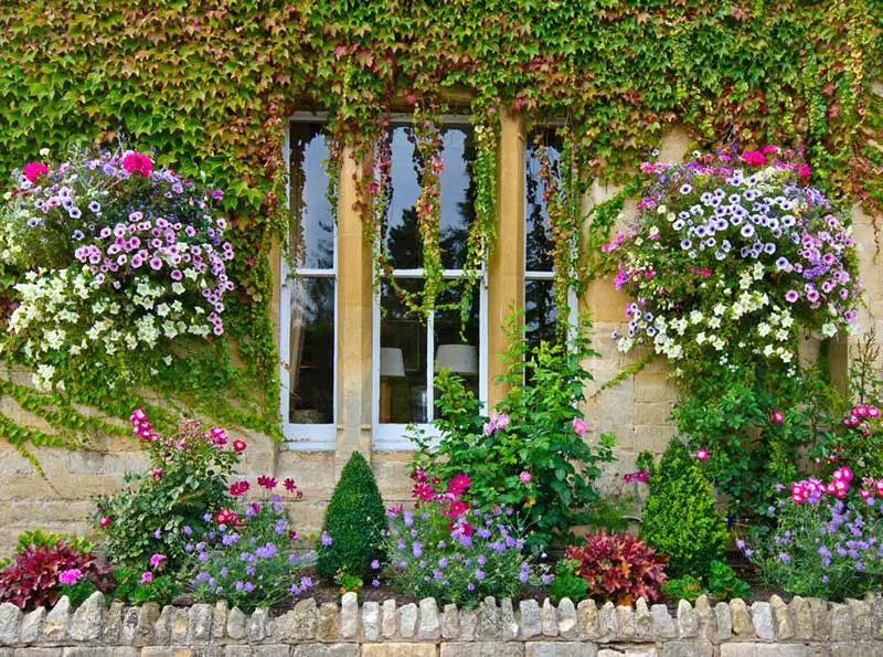 Well-placed ivy can absolutely transform a wall, home, or any other structure. It adds a sense of weighted history, a burst of lush color, and a playfulness that manmade accoutrements can't match. This slim garden is bursting with variety, enhancing an already gorgeous scene.