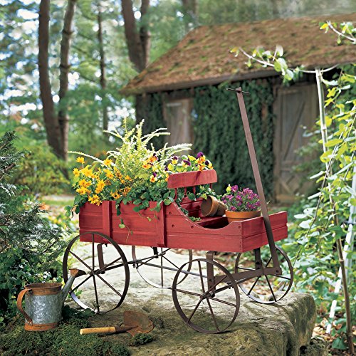 Collections Etc Amish Wagon Decorative Indoor/Outdoor Garden Backyard Planter, Red